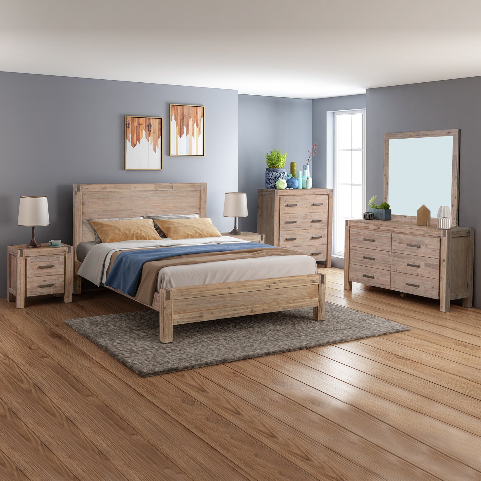 5 Pieces Bedroom Suite in Solid Wood Veneered Acacia Construction Timber Slat Queen Size Oak Colour Bed, Bedside Table , Tallboy & Dresser