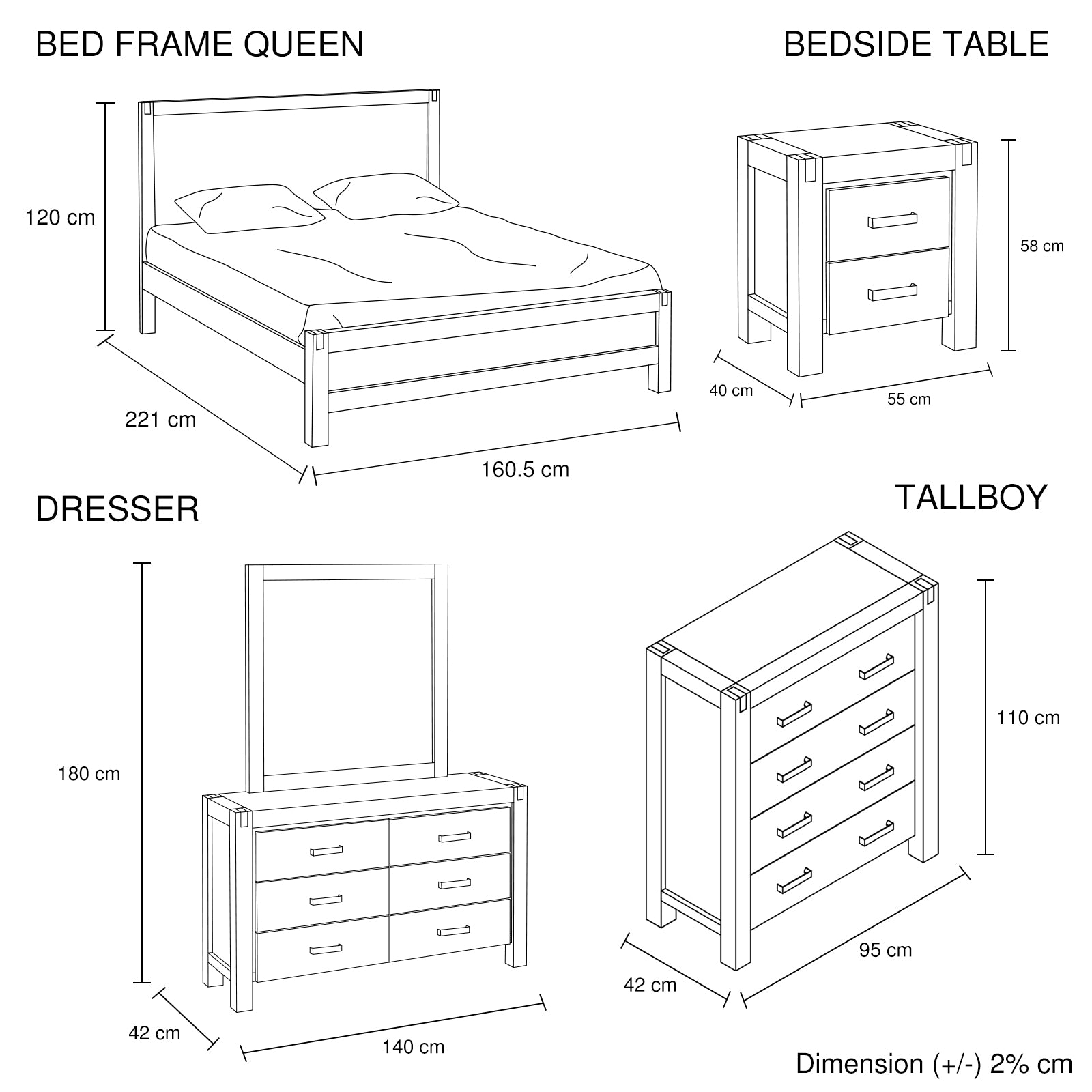 5 Pieces Bedroom Suite in Solid Wood Veneered Acacia Construction Timber Slat Queen Size Oak Colour Bed, Bedside Table , Tallboy & Dresser