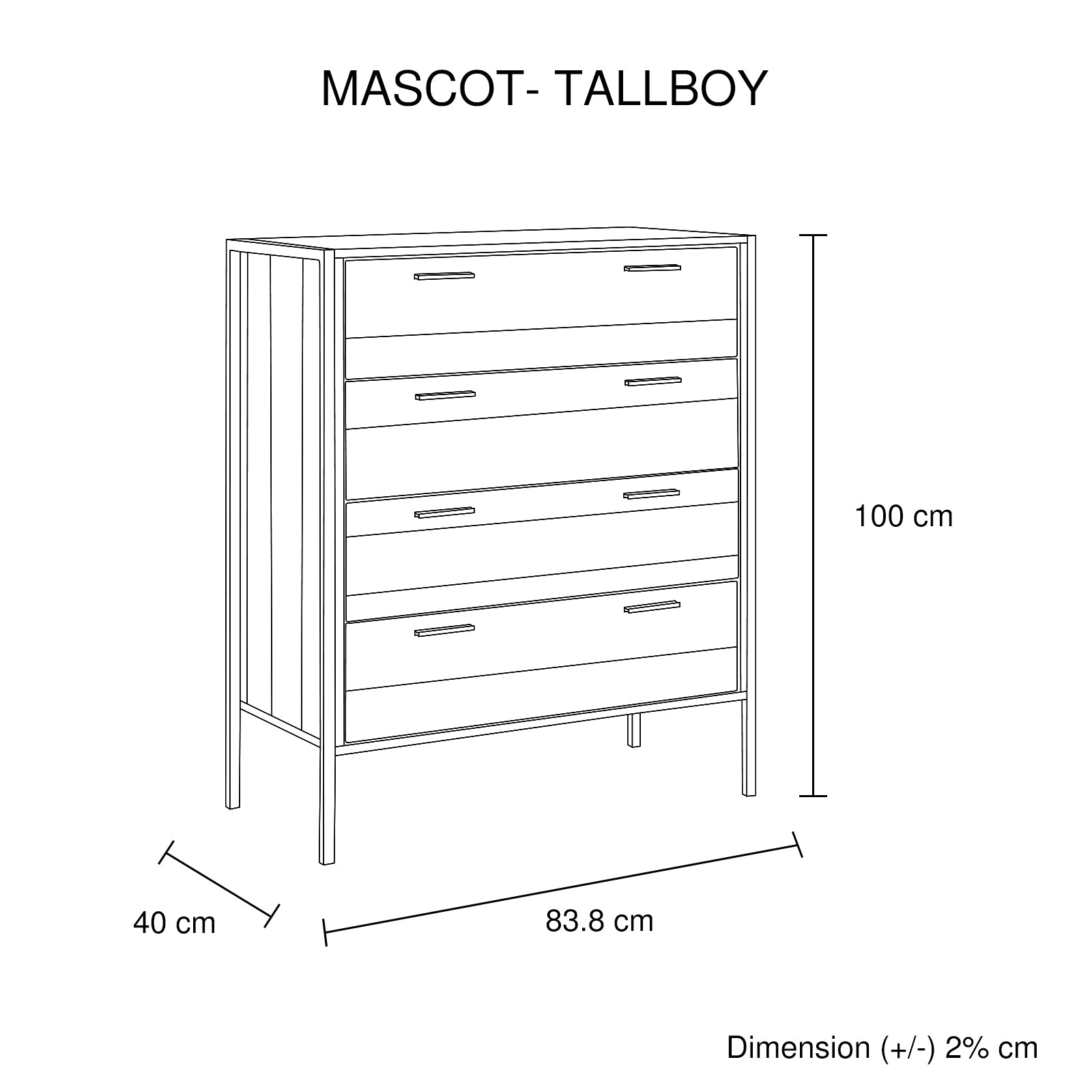 4 Pieces Bedroom Suite with Particle Board Contraction and Metal Legs Queen Size Oak Colour Bed, Bedside Table & Tallboy