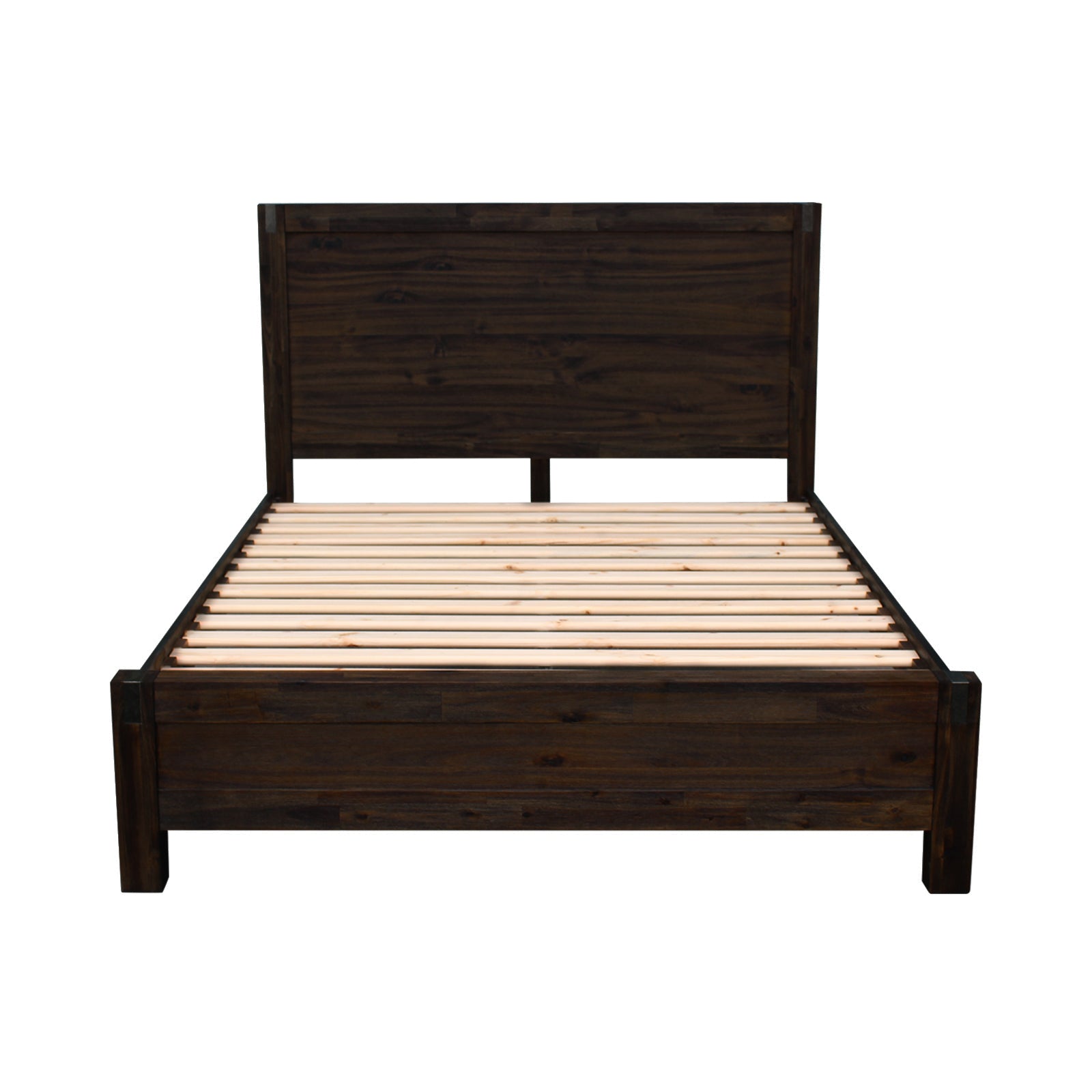 Bed Frame Double Size in Solid Wood Veneered Acacia Bedroom Timber Slat in Chocolate