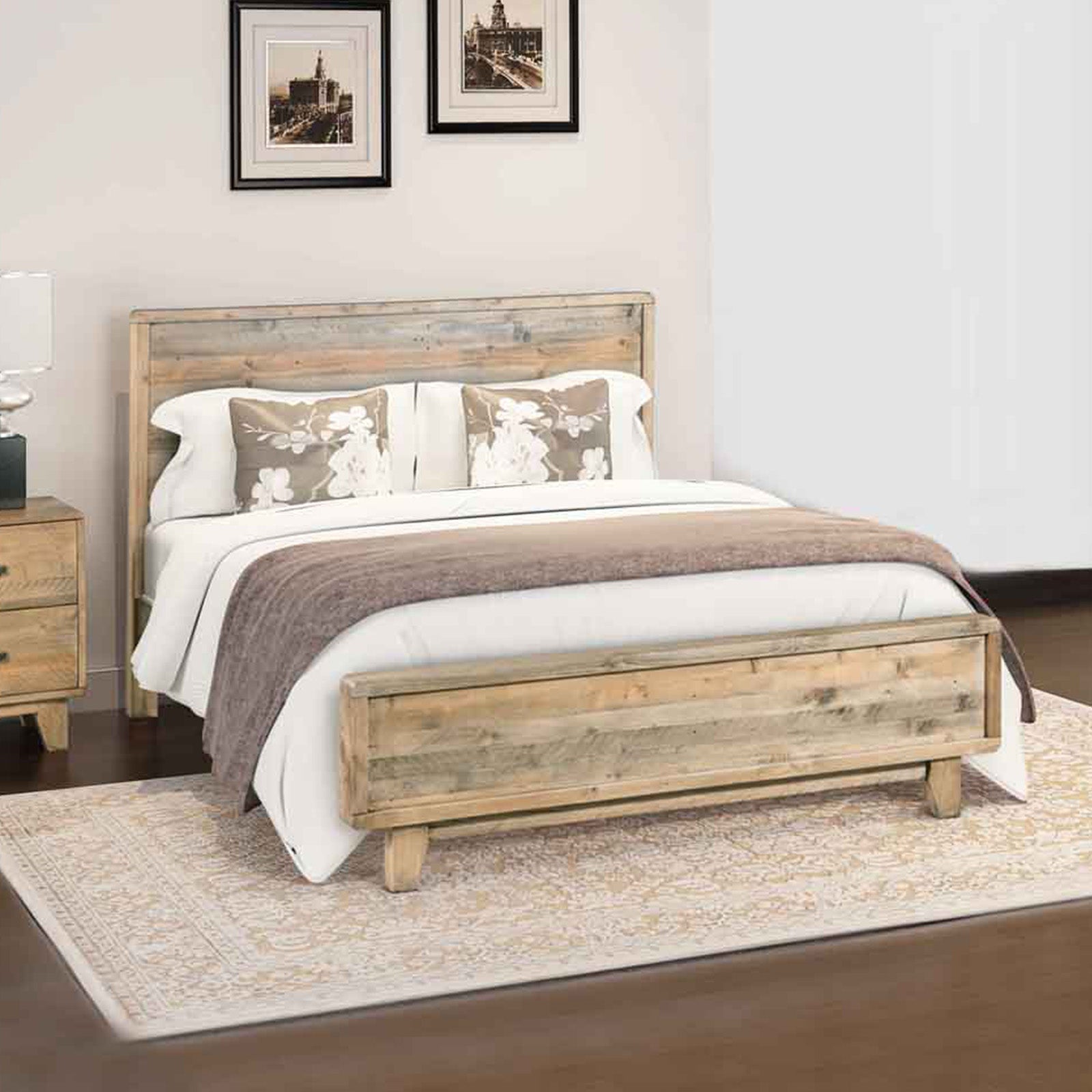 Double Size Wooden Bed Frame in Solid Wood Antique Design Light Brown