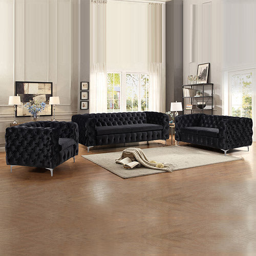 3+2+1 Seater Sofa Classic Button Tufted Lounge in Black Velvet Fabric with Metal Legs