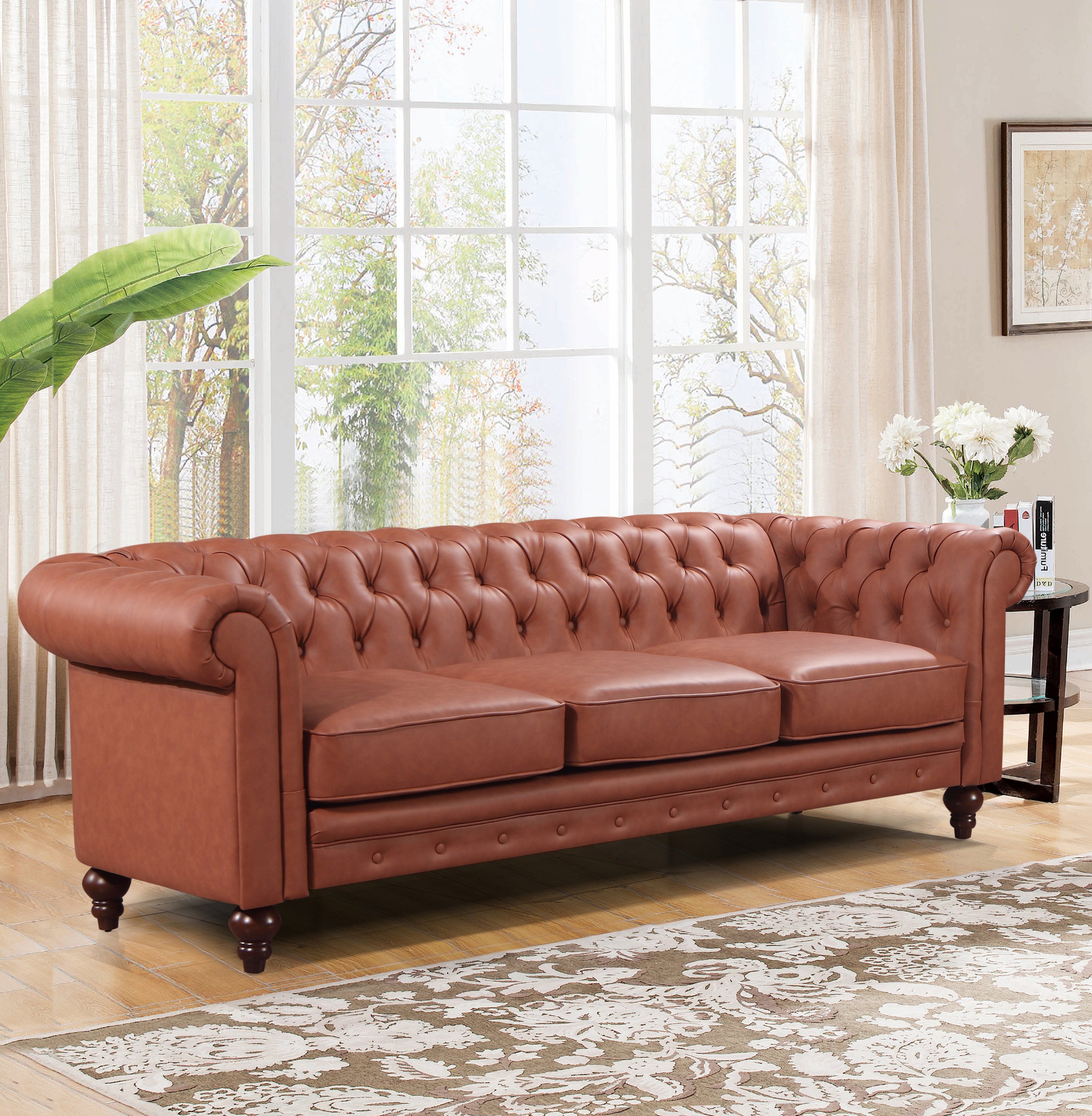 3 Seater Brown Sofa Lounge Chesterfireld Style Button Tufted in Faux Leather