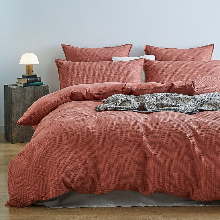 100% Cotton checkered waffle quilt cover set queen size -Terracotta