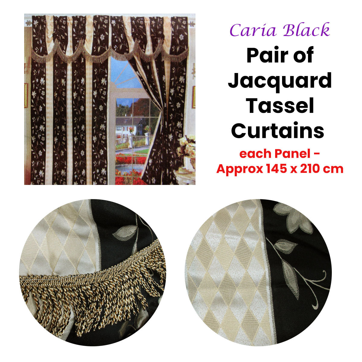 Pair of Caria Black Jacquard Tassels Unlined Curtains 145 x 210 cm