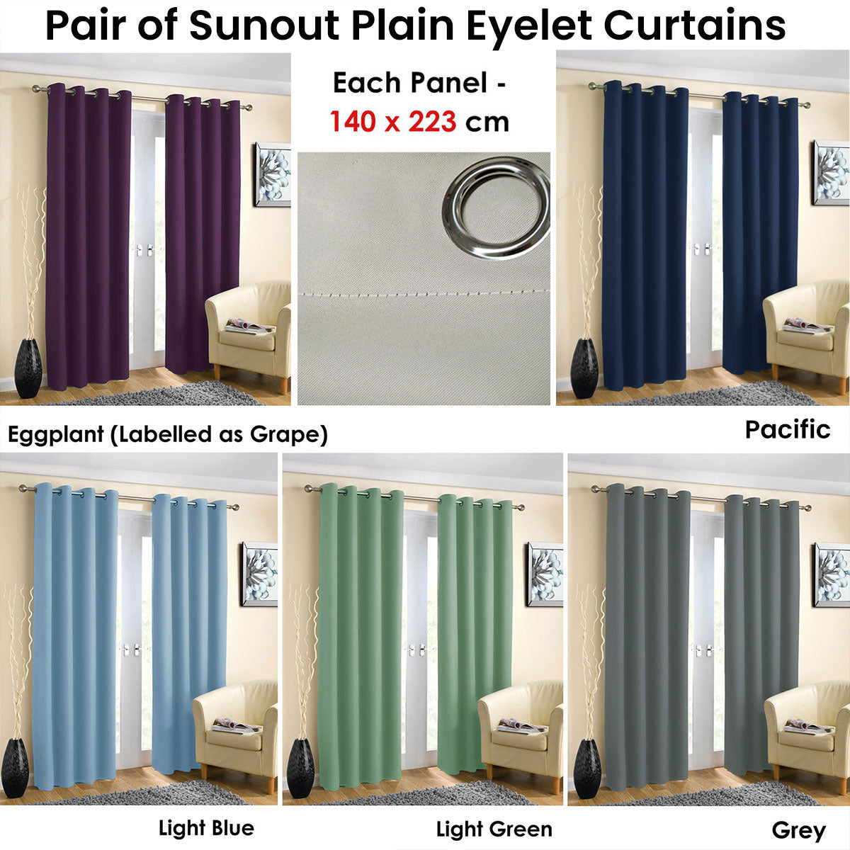 Pair of Blockout Plain Eyelet Curtains Grey