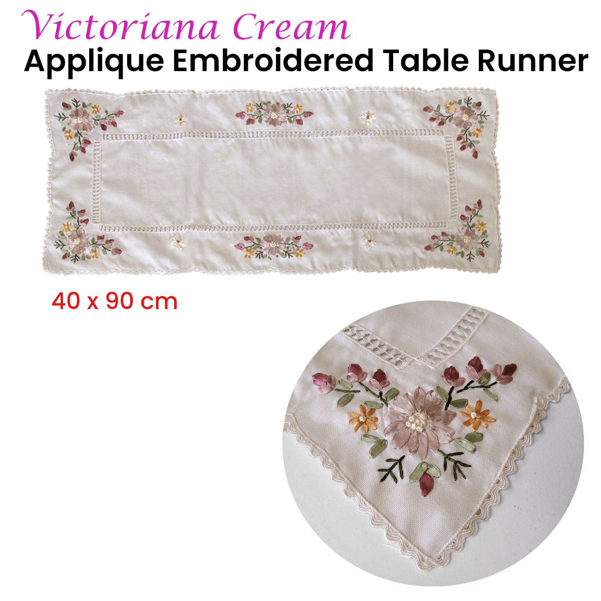 Victoriana Cream Applique Embroidered Table Runner 40 x 90 cm