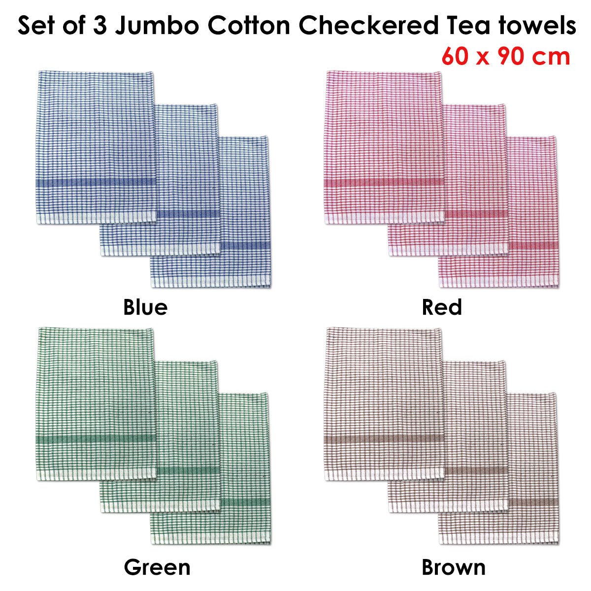 Set of 3 Jumbo Cotton Checkered Tea Towels 60 x 90 cm Blue