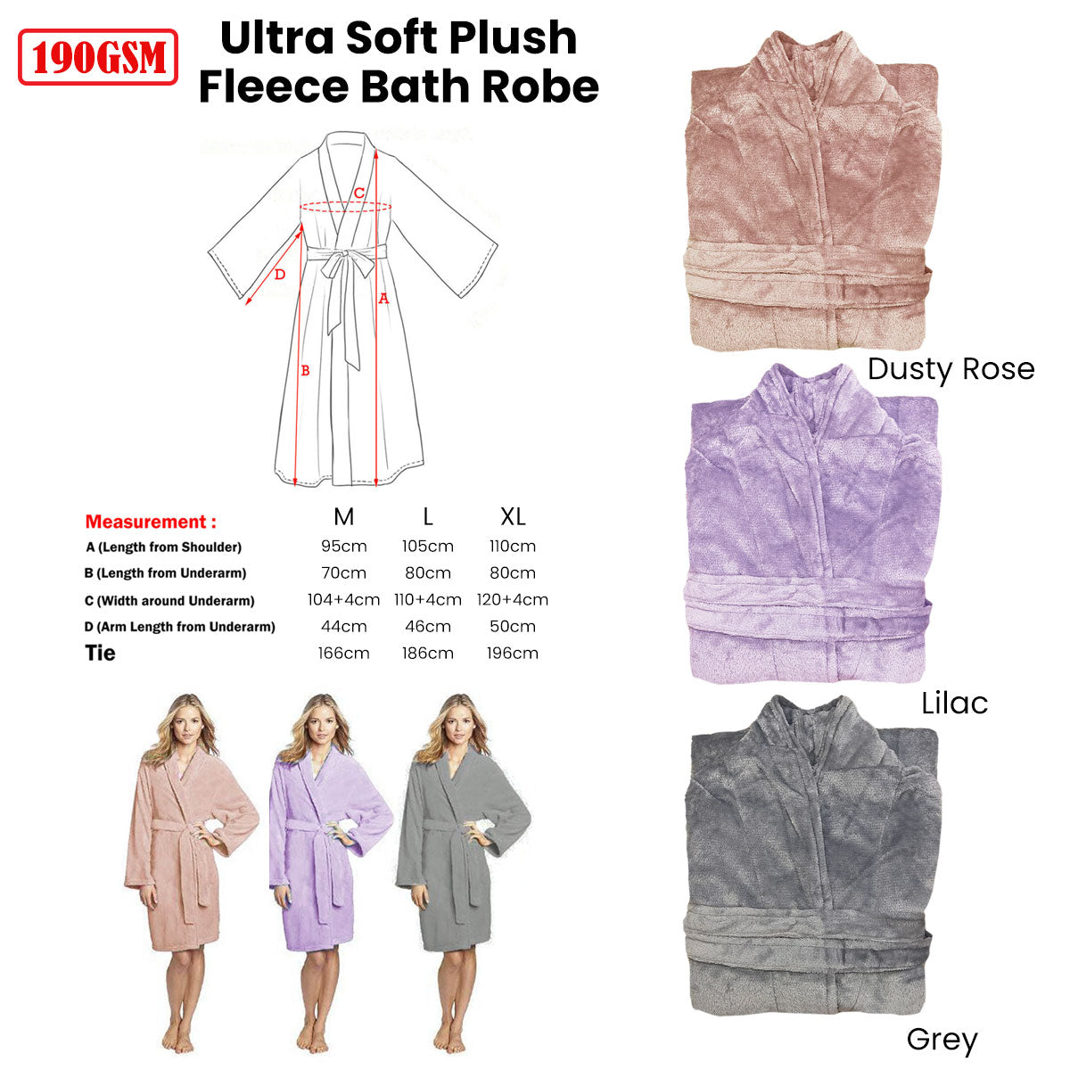 190GSM Ultra Soft Plush Fleece Bath Robe Lilac L