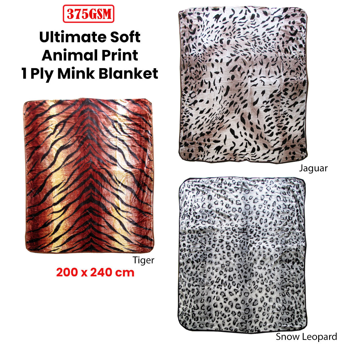 375gsm 1 Ply Animal Print Faux Mink Blanket Queen 200x240 cm Tiger