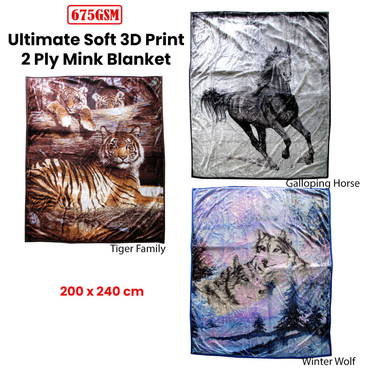 675gsm 2 Ply 3D Print Faux Mink Blanket Queen 200x240 cm Winter Wolf