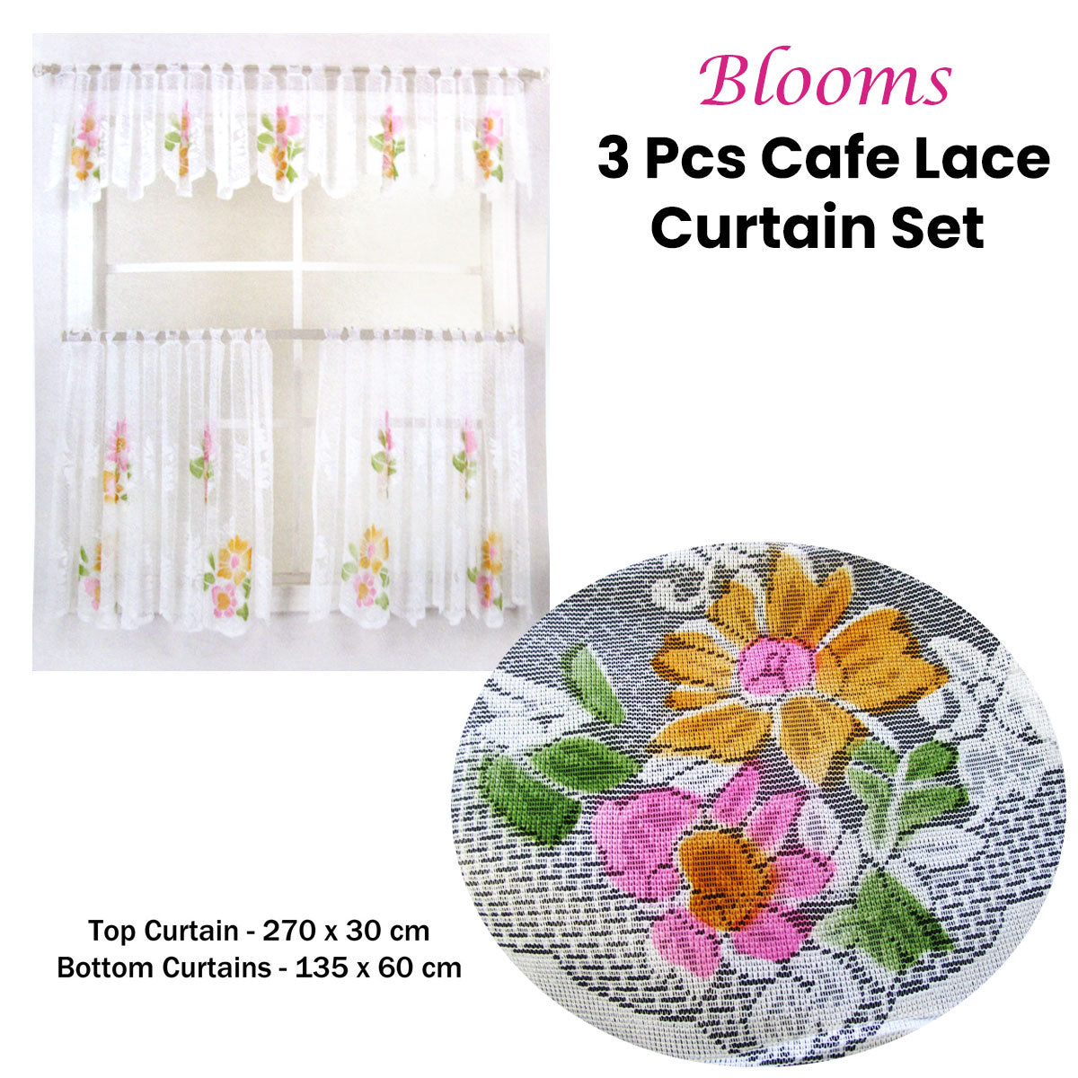 3 Pce Cafe Blooms Lace Kitchen Curtain Set