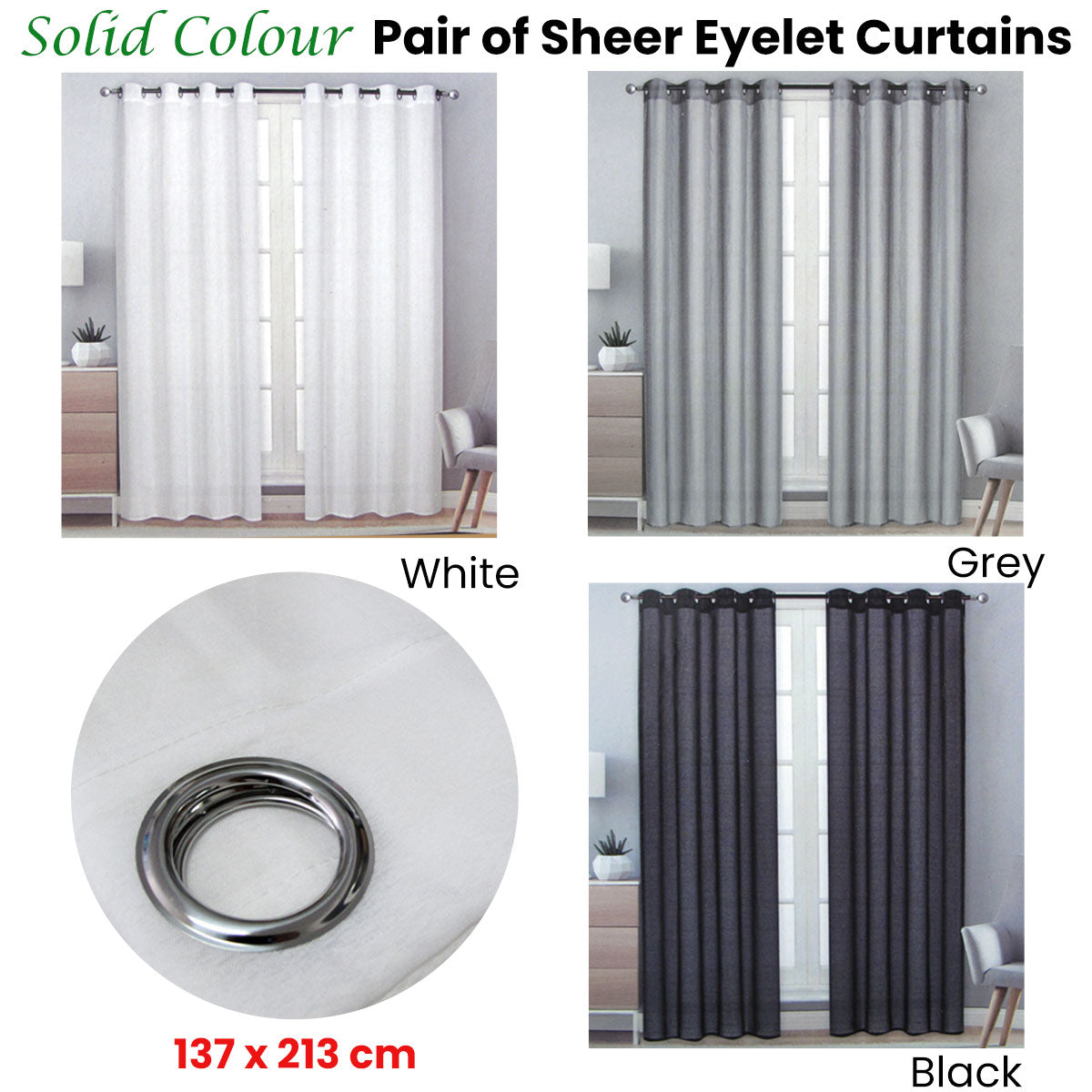 Pair of Solid Colour Sheer Eyelet Curtains 137 x 213 cm Black