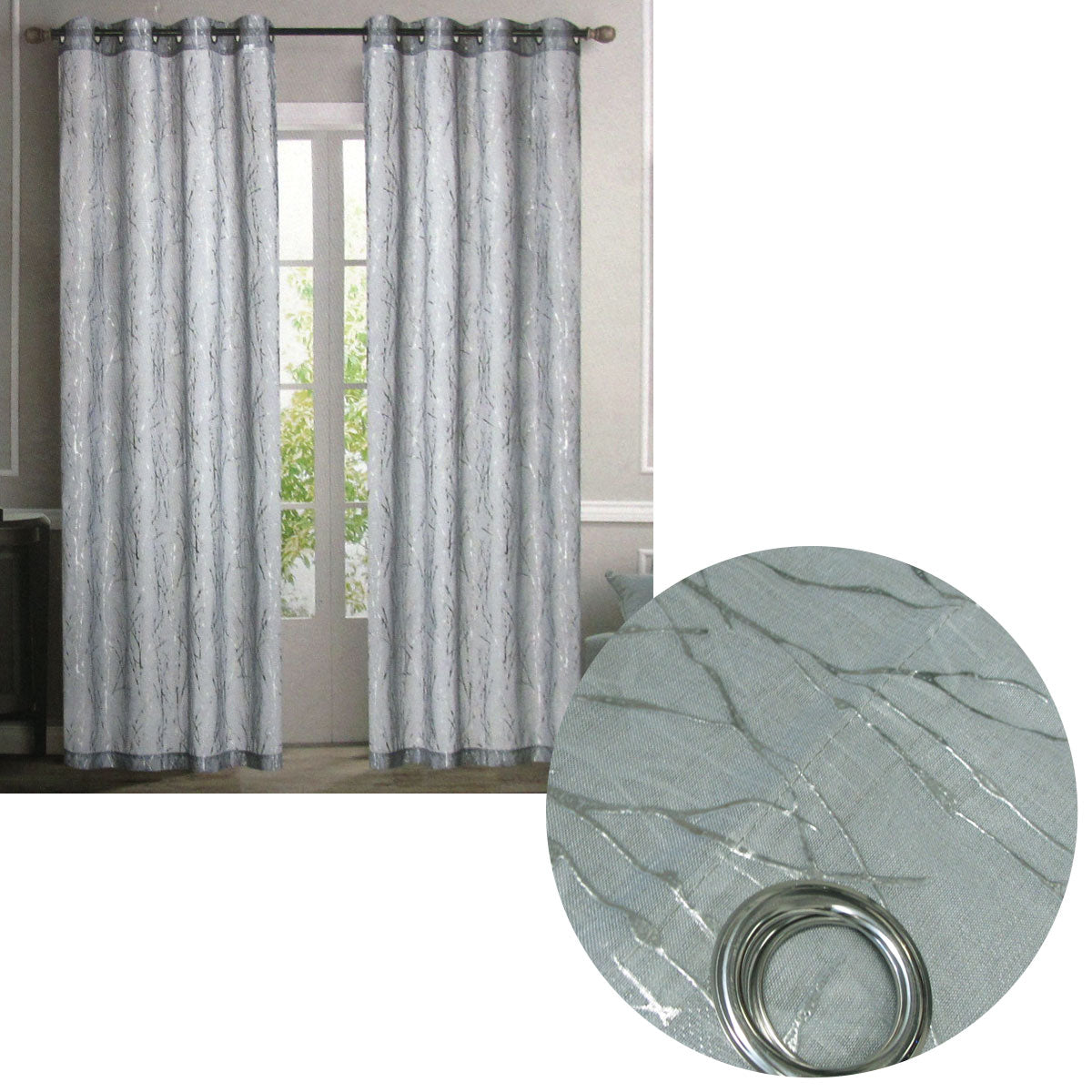 Pair of Sheer Eyelet Curtains Grey with Silver Foils 137 x 213 cm