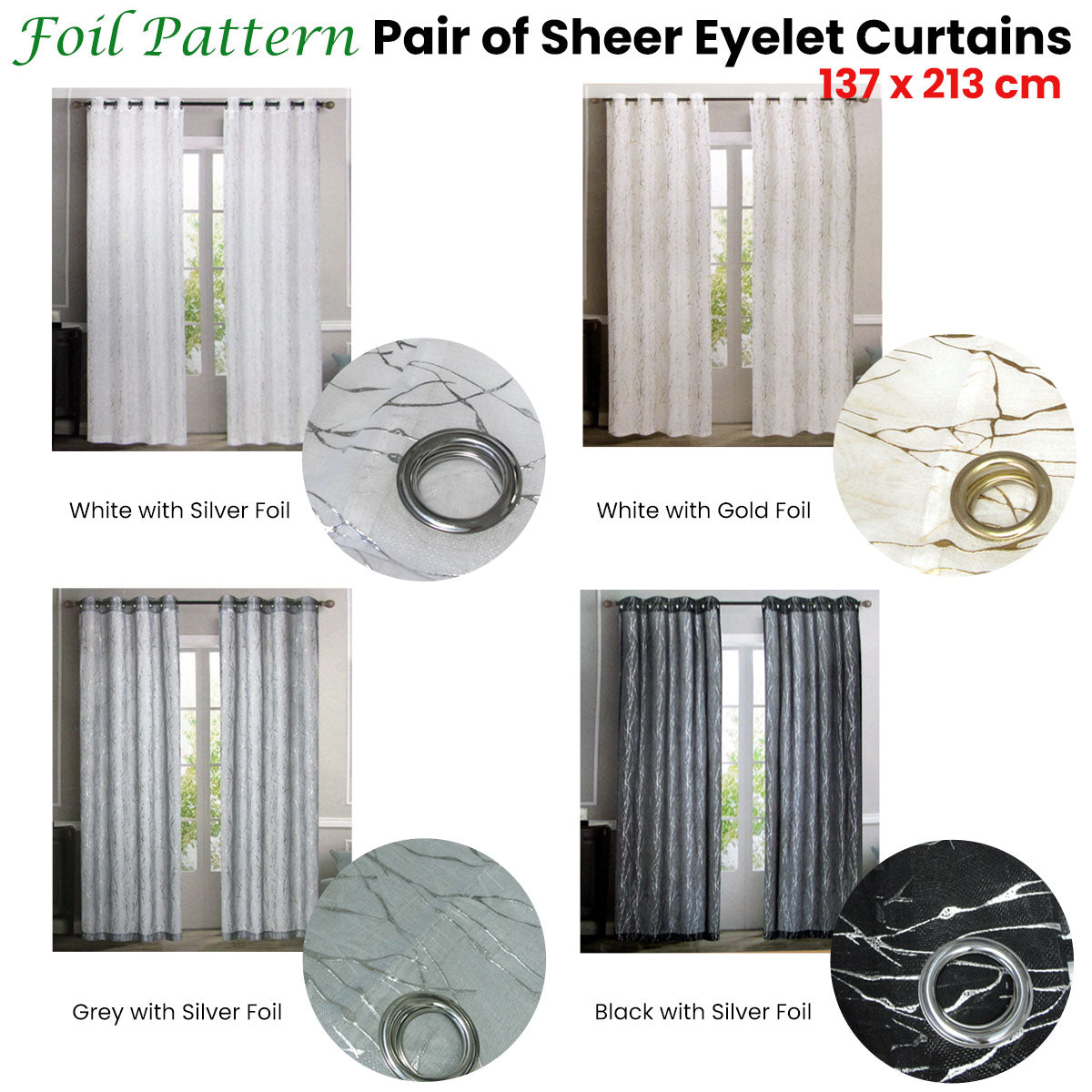 Pair of Sheer Eyelet Curtains White with Silver Foils 137 x 213 cm