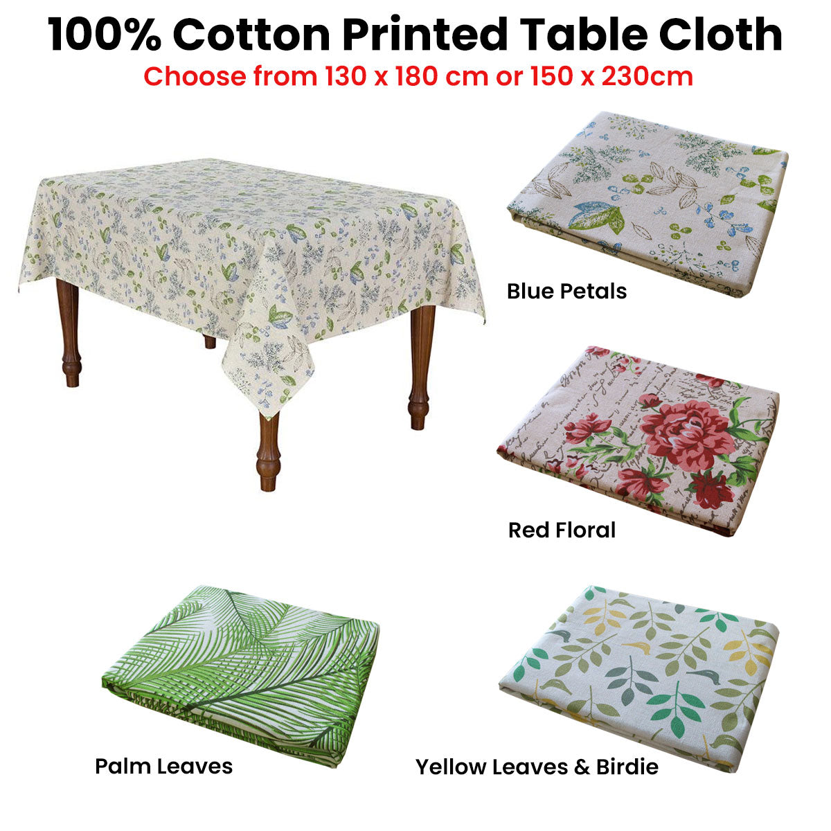 Cotton Blue Petals Oblong Table Cloth 150 x 230cm