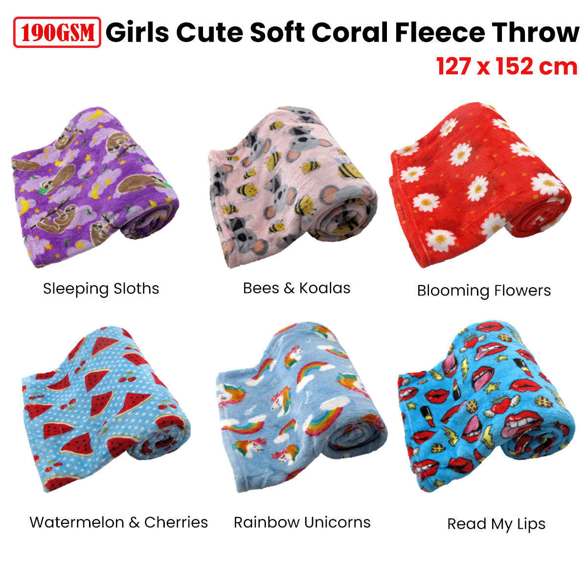 190GSM Girls Cute Ultra Soft Coral Fleece Throw 127 x 152cm Sleeping Sloths