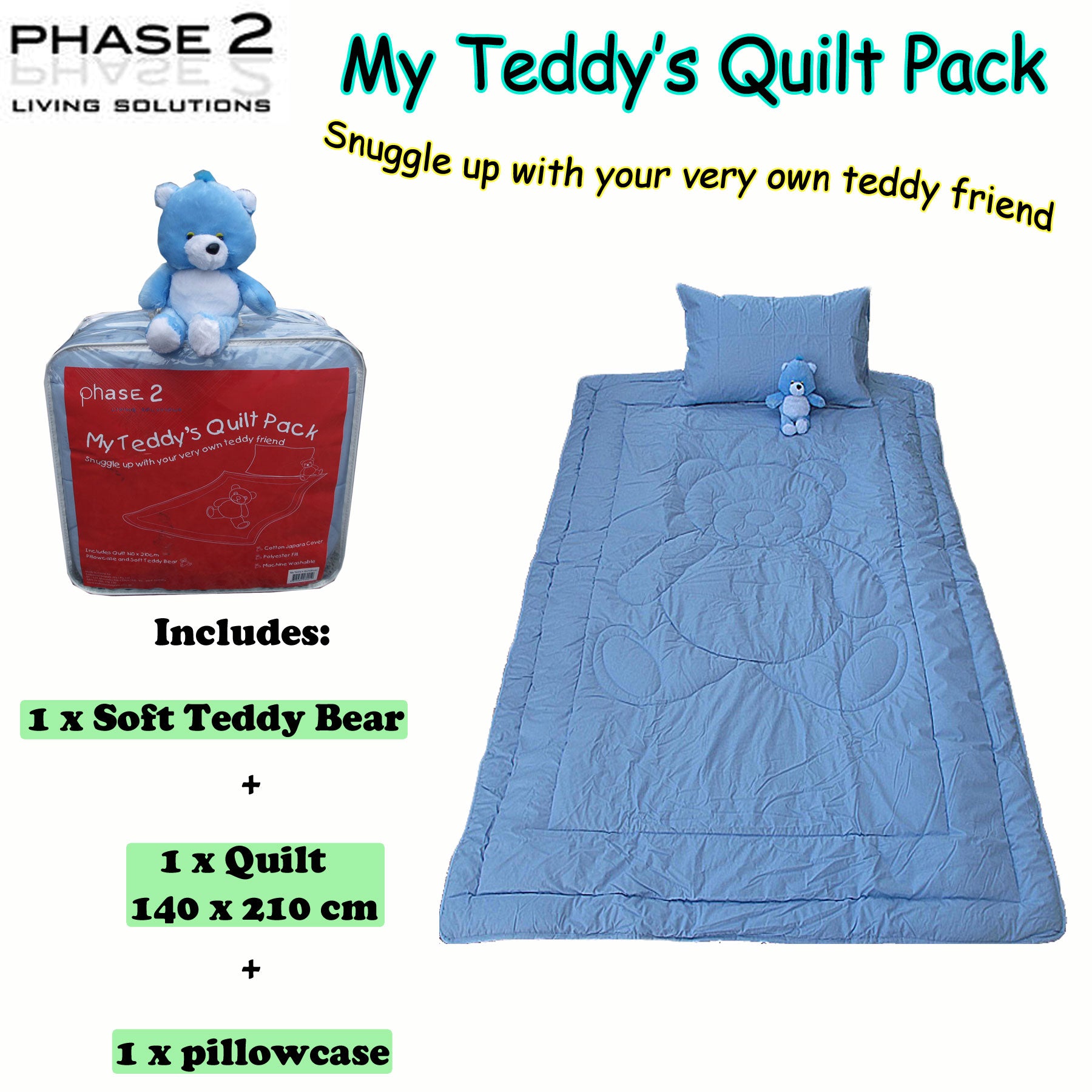 Phase 2 My Teddy's Quilt / Comforter Set with Toy Blue Single