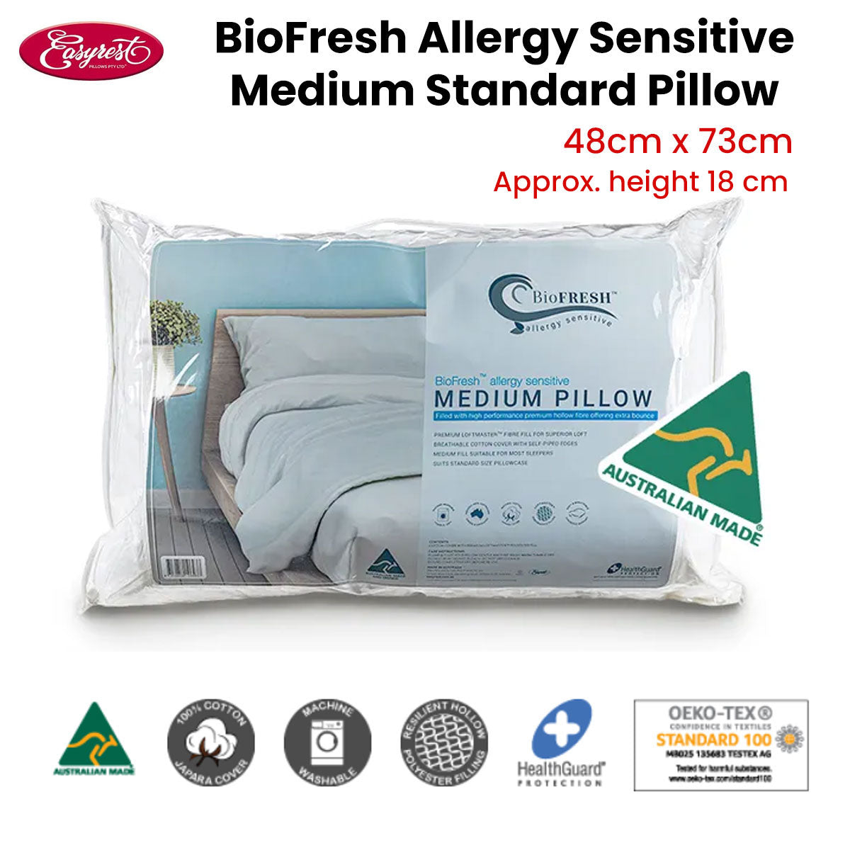 Easyrest BioFresh Allergy Sensitive Medium Standard Pillow 48 x 73 cm