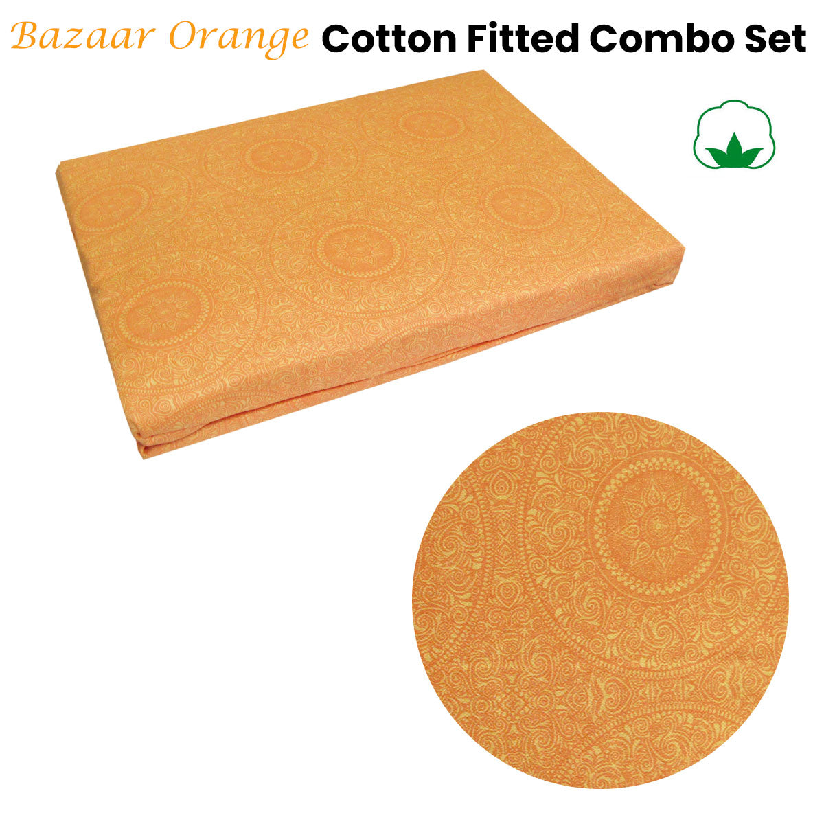 Bazaar Orange Cotton Fitted Combo Set Queen