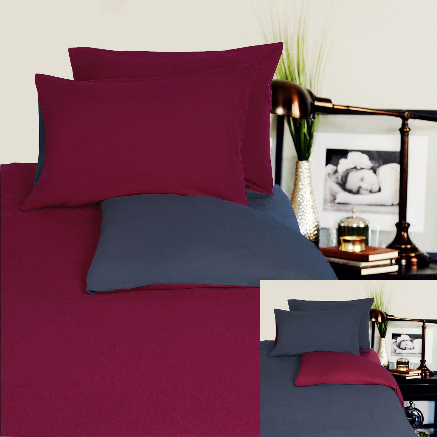 Hotel Living Reversible 100% Cotton JERSEY Quilt Cover Set Burgundy / Charcoal - QUEEN