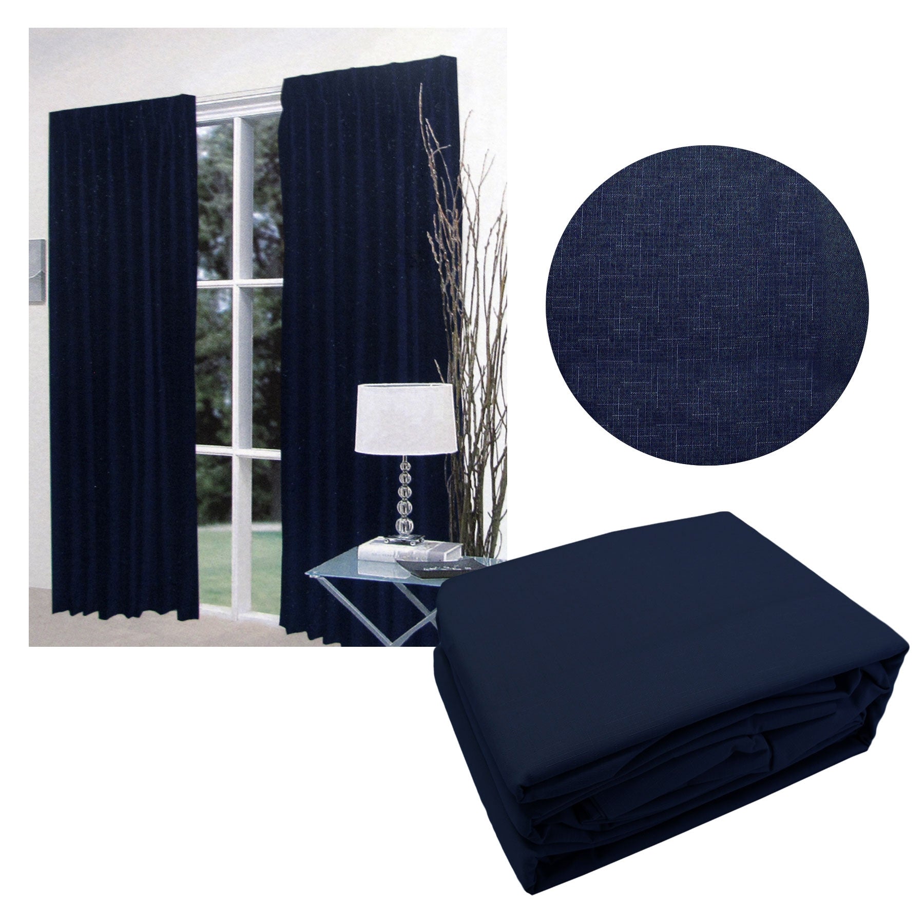 Home Innovations Pair of Faux Linen Blockout Pinch Pleat Curtains Navy to Fit 180 x 221cm