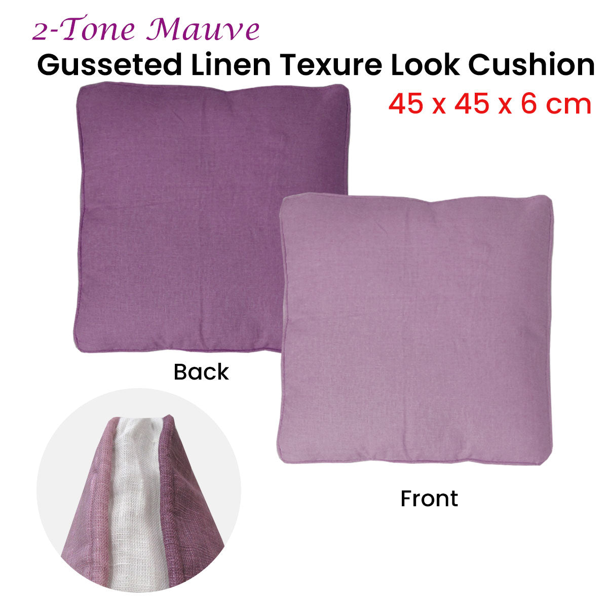 2-Tone Mauve Gusseted Linen Texture Look Filled Cushion 45 x 45 x 6 cm