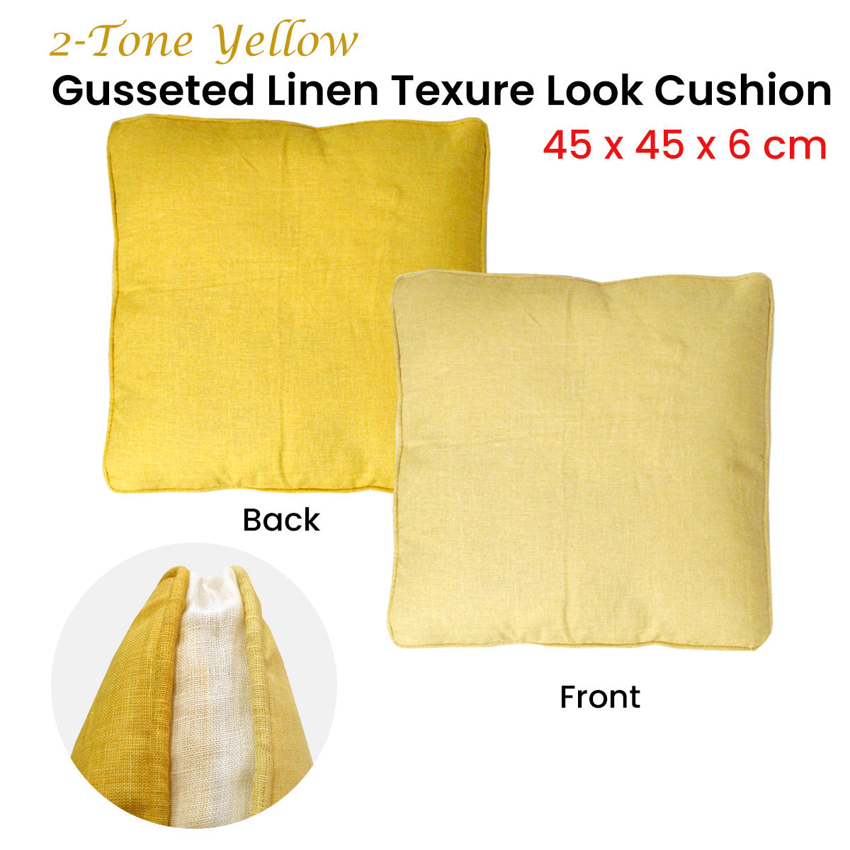 2-Tone Yellow Gusseted Linen Texture Look Filled Cushion 45 x 45 x 6 cm