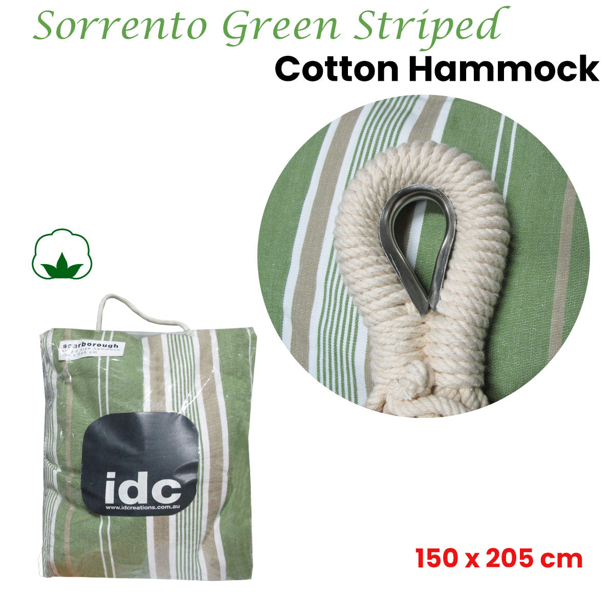 IDC Homewares Sorrento Green Striped Single Size Cotton Hammock 150 x 205 cm
