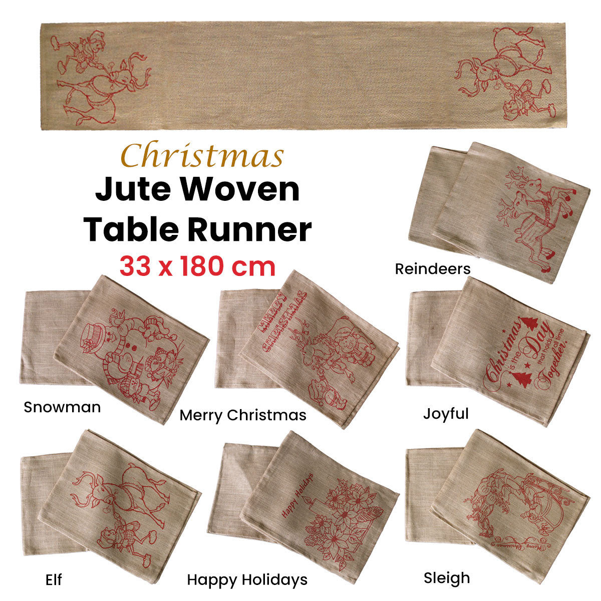 Christmas Jute Woven Taupe Table Runner 33 x 180cm Snowman