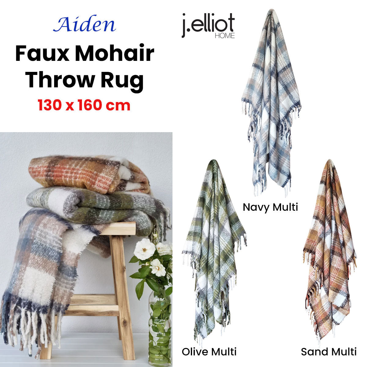 J Elliot Home Aiden Navy Multi Faux Mohair Throw Rug with Fringe 130 x 160cm