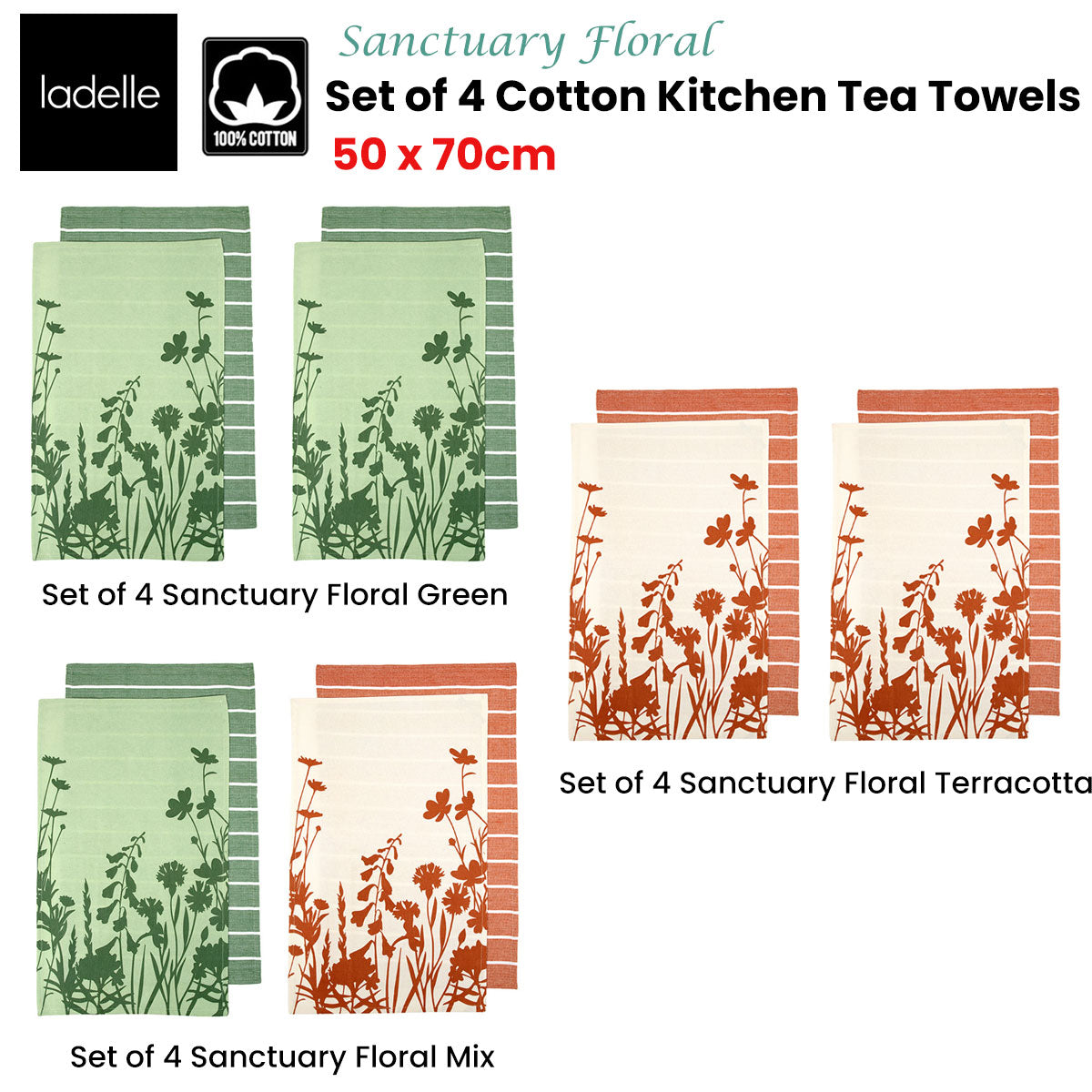 Ladelle Set of 4 Sanctuary Floral Cotton Kitchen Tea Towels 50 x 70 cm Mix