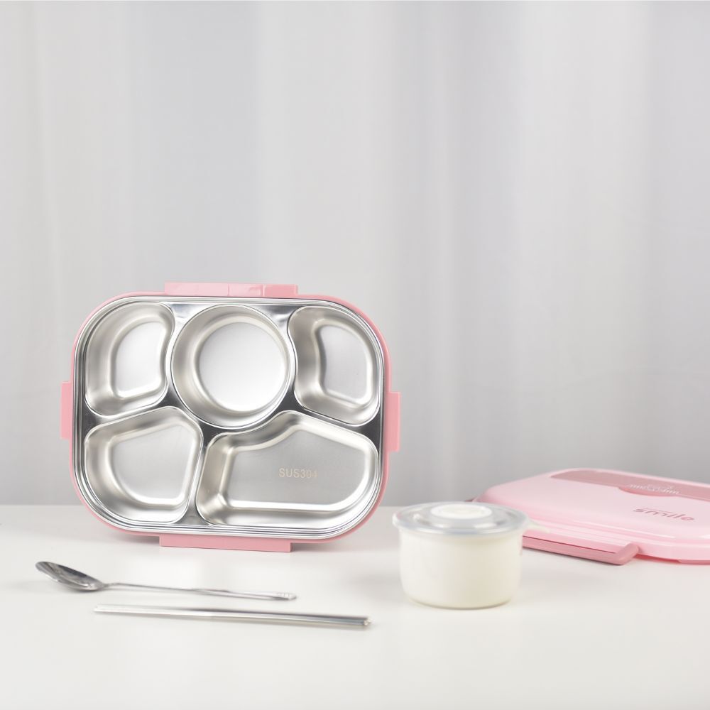 Kylin 304 Stainless Steel 5 Divided Smile Small Lunch Box With Soup Pot - Pink