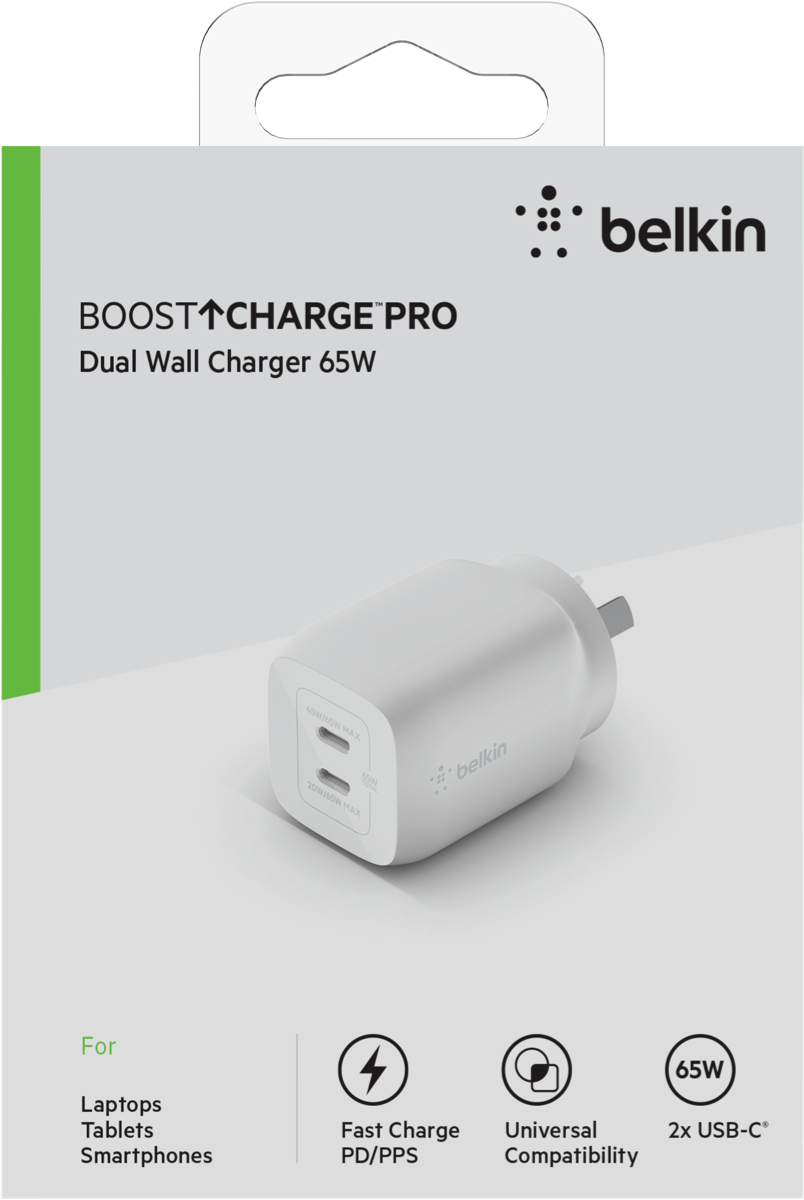 Belkin Dual USB-C GaN Wall Charger with PPS 65W WCH013AUWH