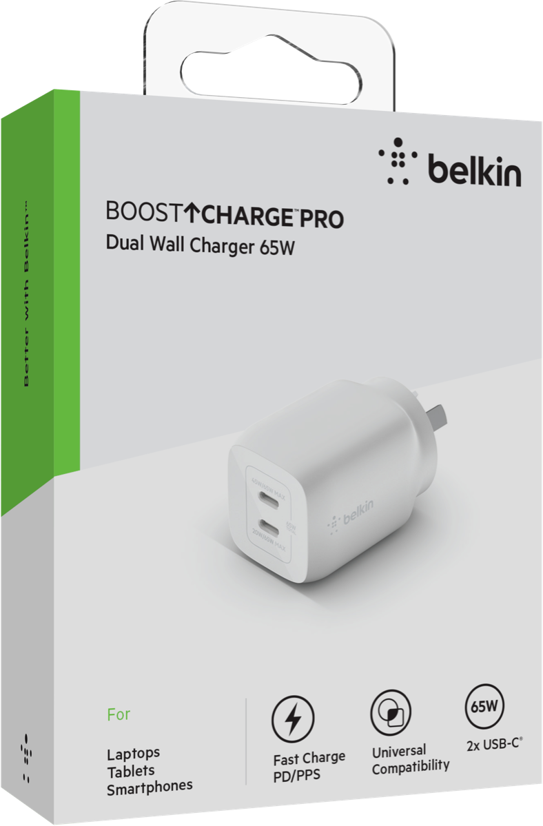 Belkin Dual USB-C GaN Wall Charger with PPS 65W WCH013AUWH