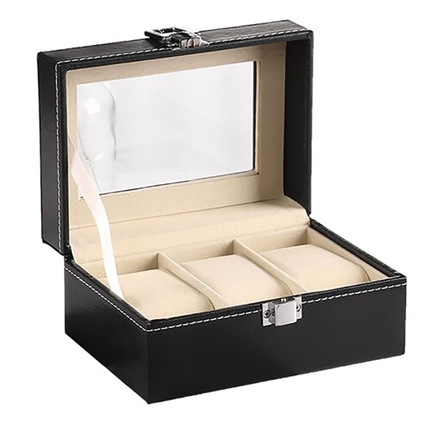 Watch Box Organizer Case Jewelry Display Tray Glass Top PU Leather(3 Slot)