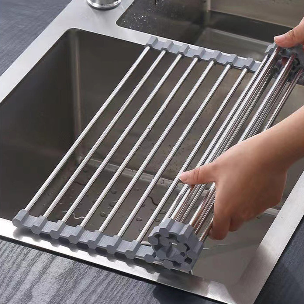 Kitchen Roll-Up Dish Drying Rack Foldable Drainer Over Sink 304-Stainless Steel(Medium:47*30cm)