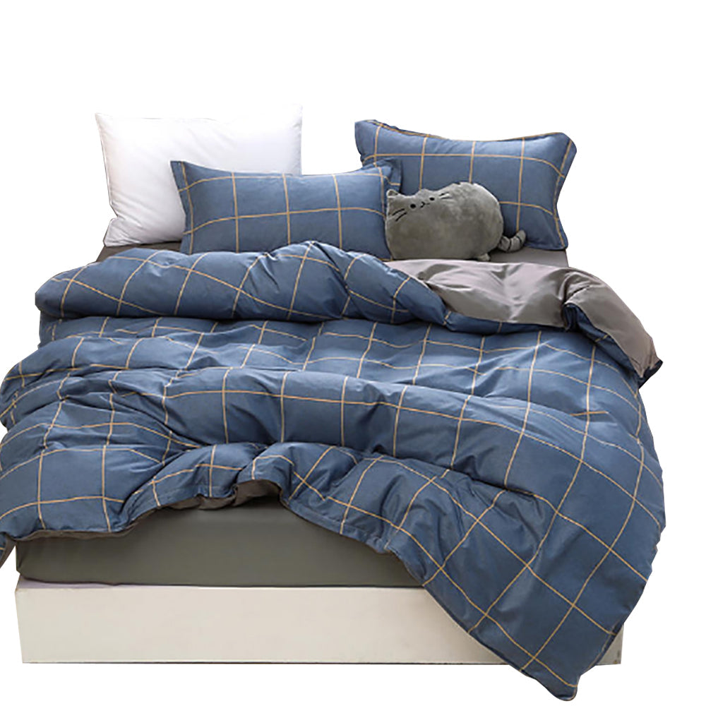 Blue Plaid Pattern Aloe Cotton Flat Sheet Quilt Cover Pillowcases 4pcs Bedding Set Duvet Doona Quilt Cover Set (King)