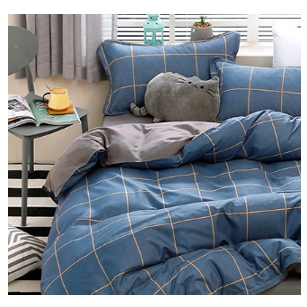 Blue Plaid Pattern Aloe Cotton Flat Sheet Quilt Cover Pillowcases 4pcs Bedding Set Duvet Doona Quilt Cover Set (King)