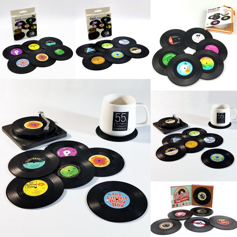 6x Creative Vinyl Record Cup Coasters w Holder Glass Drink Tableware Home Décor, A