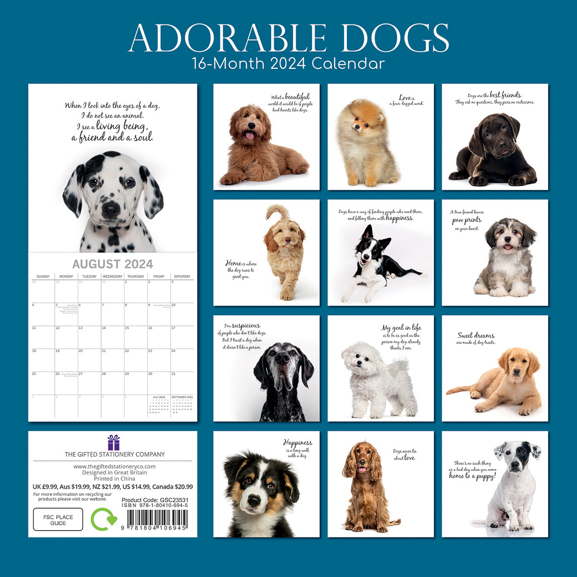 Adorable Dogs - 2024 Square Wall Calendar Pets Animals 16 Months Premium Planner