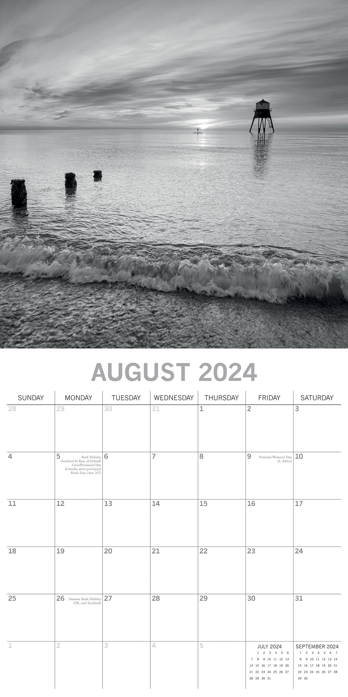 Seascapes 2024 Square Wall Calendar 16 Month Black & White Planner New Year Gift
