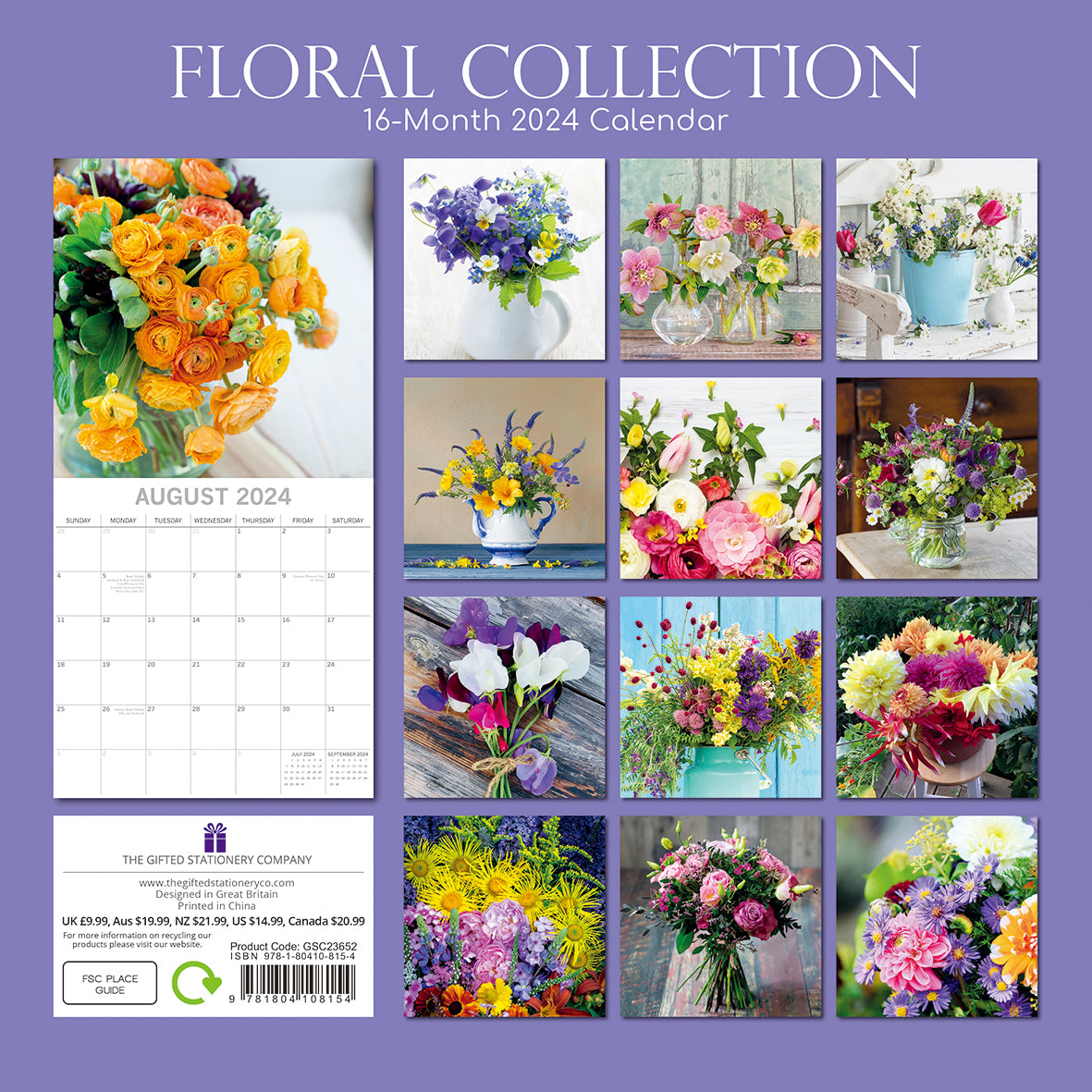 Floral Collection 2024 Square Wall Calendar 16Month Flower Planner New Year Gift