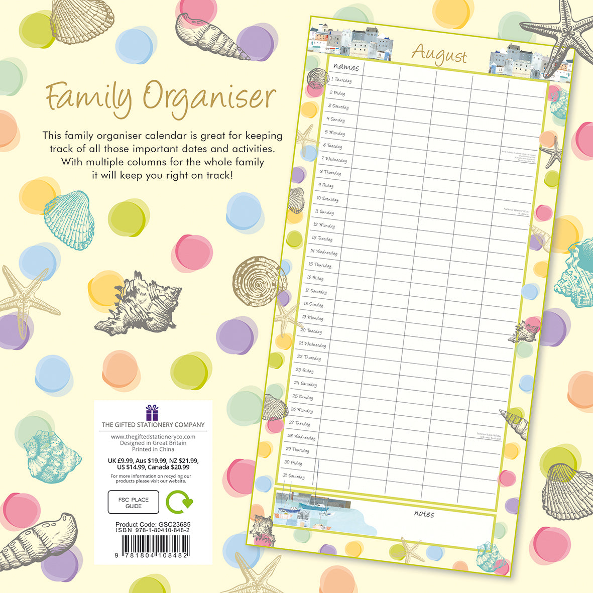 By the Sea Family Organiser - 2024 Square Wall Calendar 16 Months School Planner
