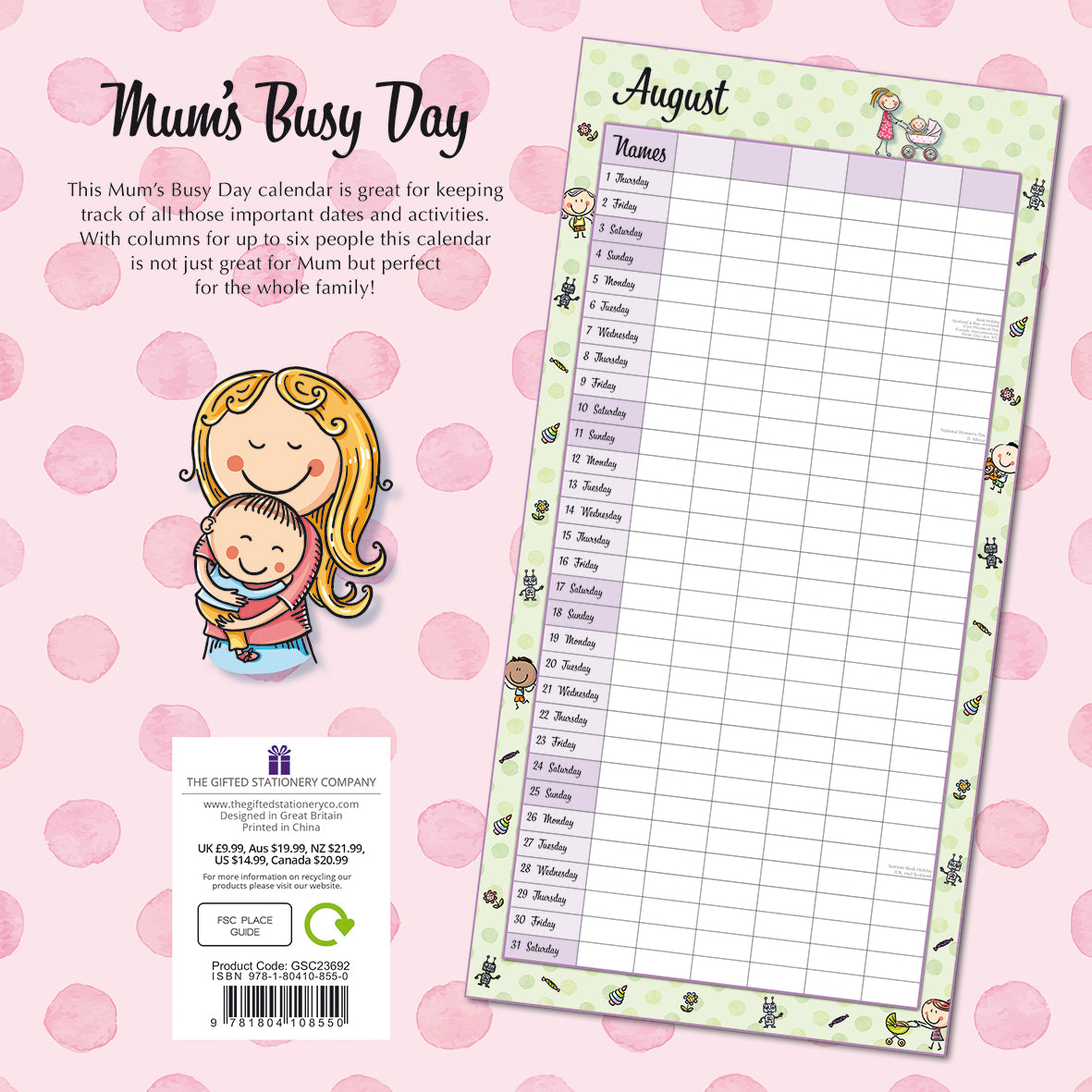 Mum's Busy Day 2024 Square Wall Calendar 16 Months School Planner New Year Gift