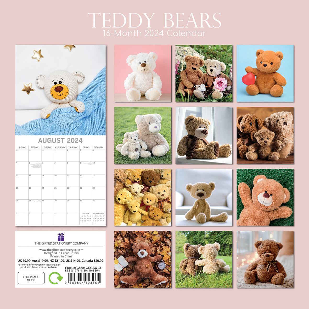 Teddy Bears - 2024 Square Wall Calendar 16 Month Lifestyle Planner New Year Gift