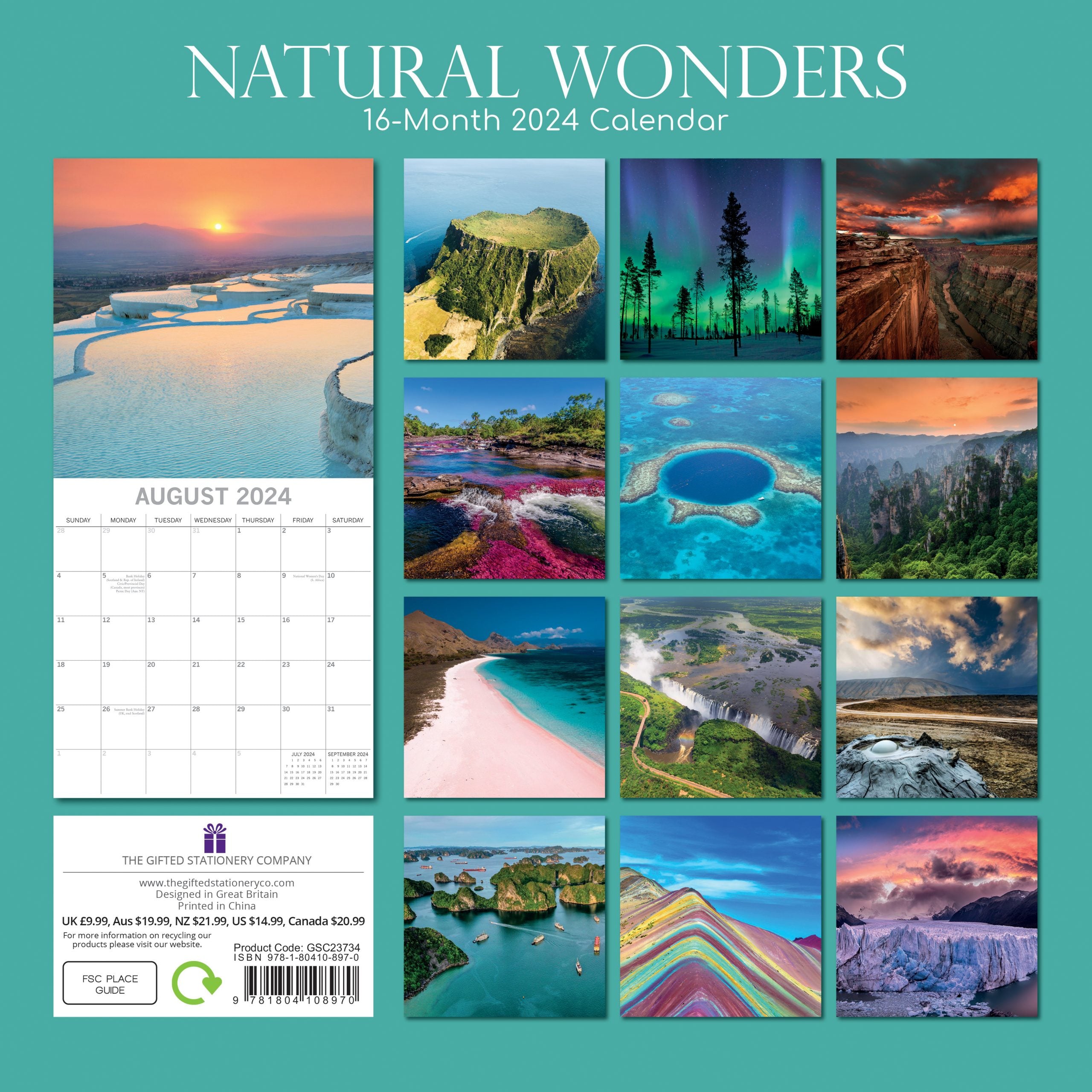 Natural Wonders - 2024 Square Wall Calendar 16 Months Planner Xmas New Year Gift