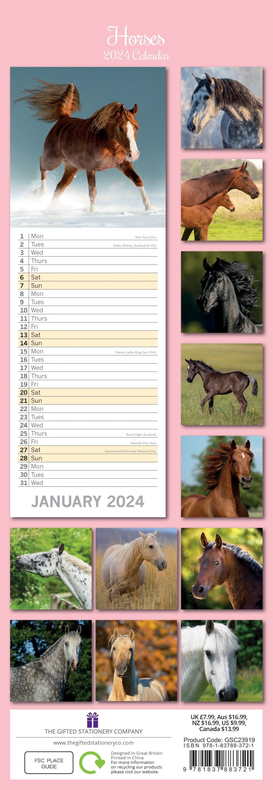 Horses - 2024 Slimline Slim Wall Calendar Hanging Planner New Year Gift