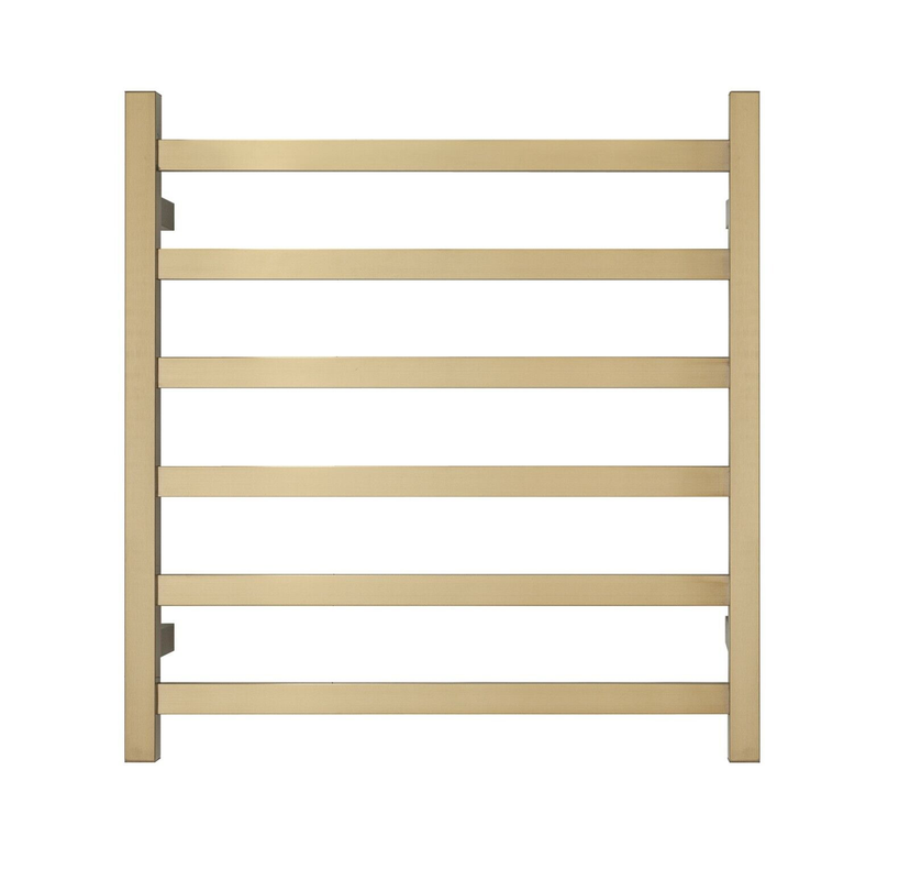 Premium Brushed Gold Heated Towel Rack - 6 Bars, Square Design, AU Standard, 650x620mm Wide