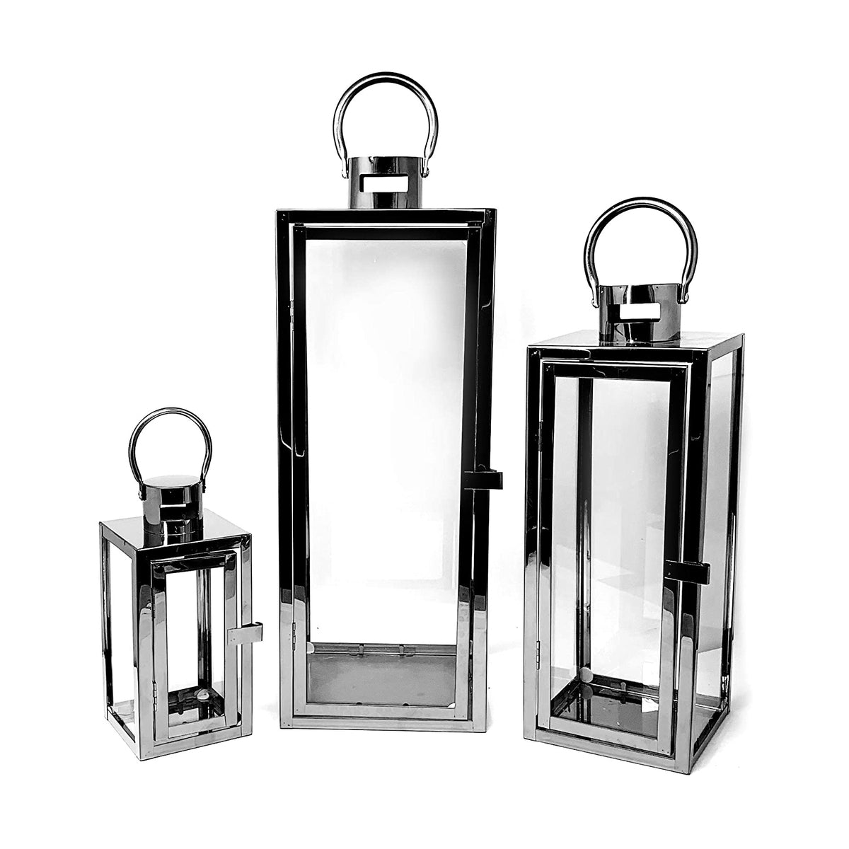 Floor Lantern Set of 3 Candle Holder Stainless Steel SQ Black